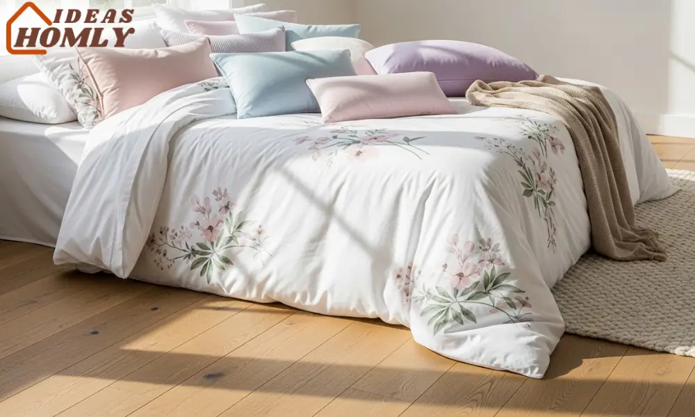 Elegant Floral Bedding with Pastel Cushions for Spring Bedroom Bliss