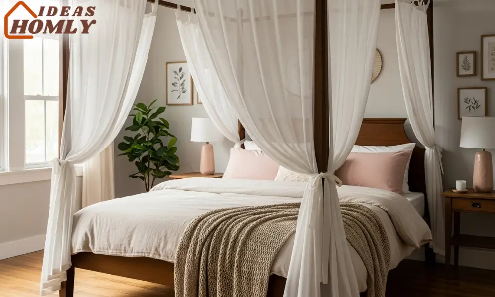Elegant Four-Poster Bed with Sheer Voile Drapes in a Romantic Bedroom