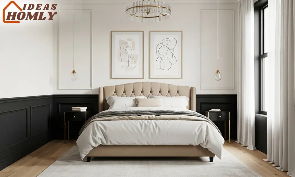 Elegant Two-Tone Bedroom with Black Wainscoting and Cream Walls
