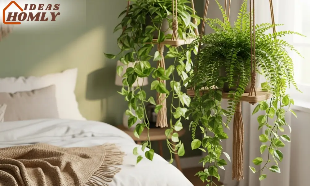 Floating Macrame Plant Shelves in Boho-Inspired Bedroom