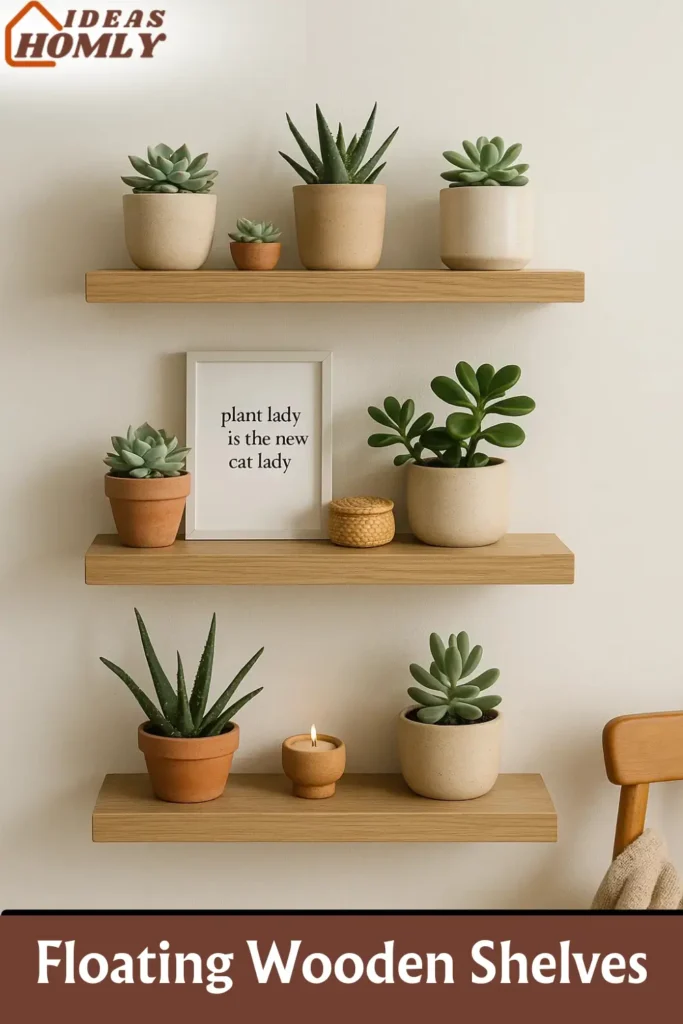 Floating Wooden Shelves Showcasing Succulents in a Cozy Boho Space