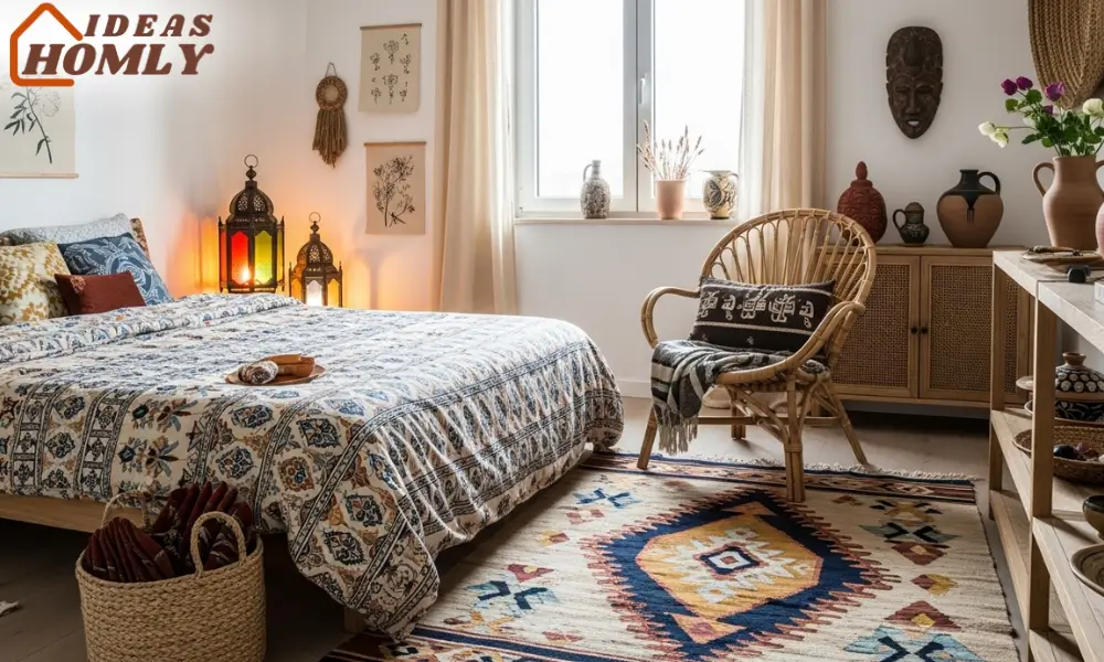 Global Eclectic Bedroom with Moroccan Rug and Boho Accents