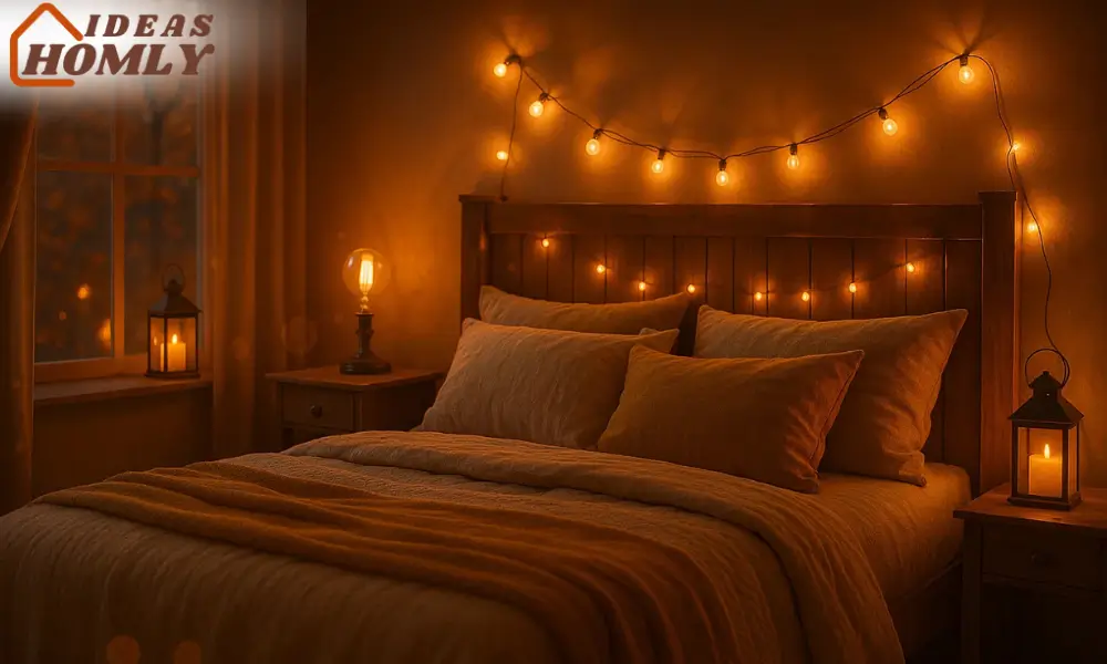 Glowing Fall Bedroom with Amber String Lights and Lanterns