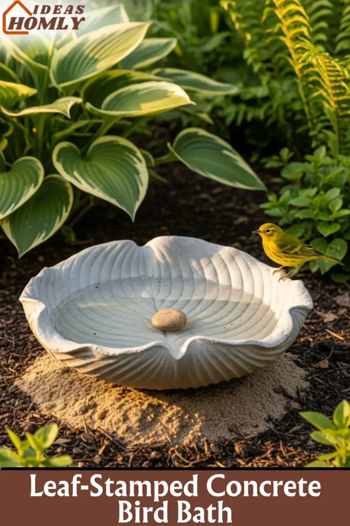 Hosta Leaf-Stamped DIY Concrete Bird Bath in a Natural Garden