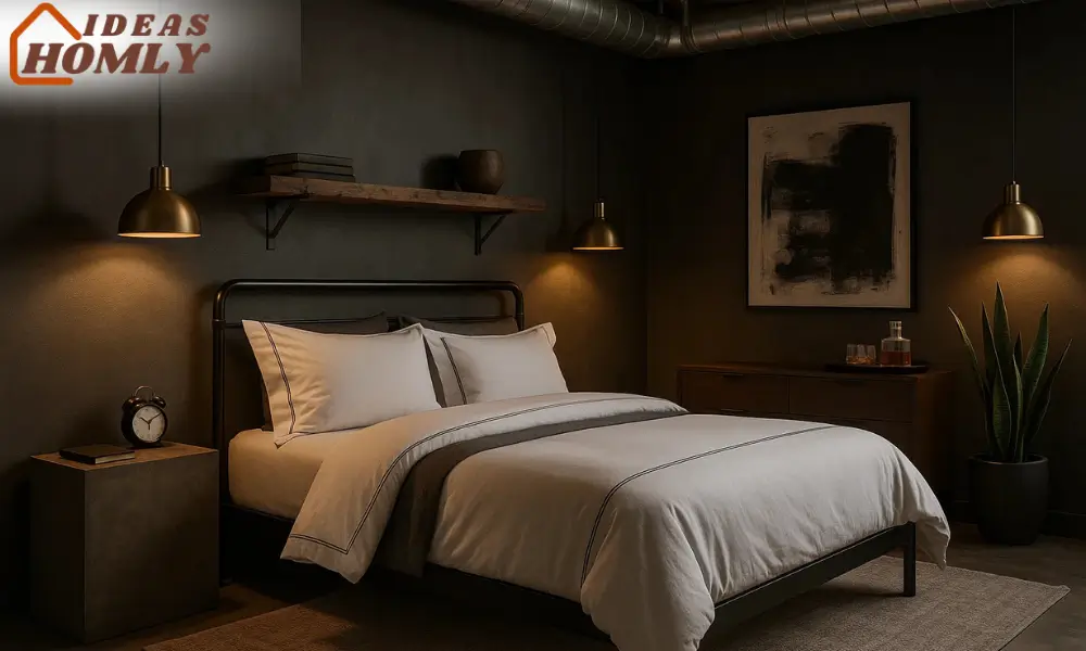 Industrial Luxe Bedroom with Exposed Metal and Rich Textures
