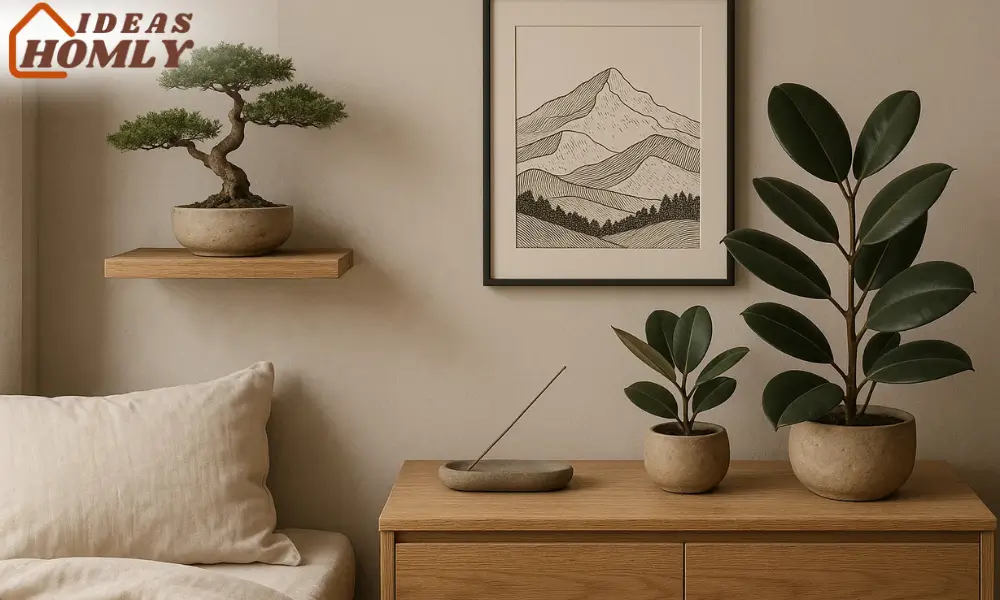 Japandi Bedroom Decor with Bonsai, Ceramic Art, and Zen Plant Life