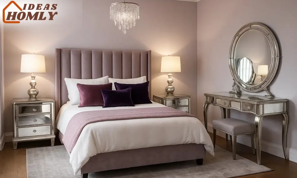 Lavender Glam Bedroom with Mirror Accents and Chic Lighting