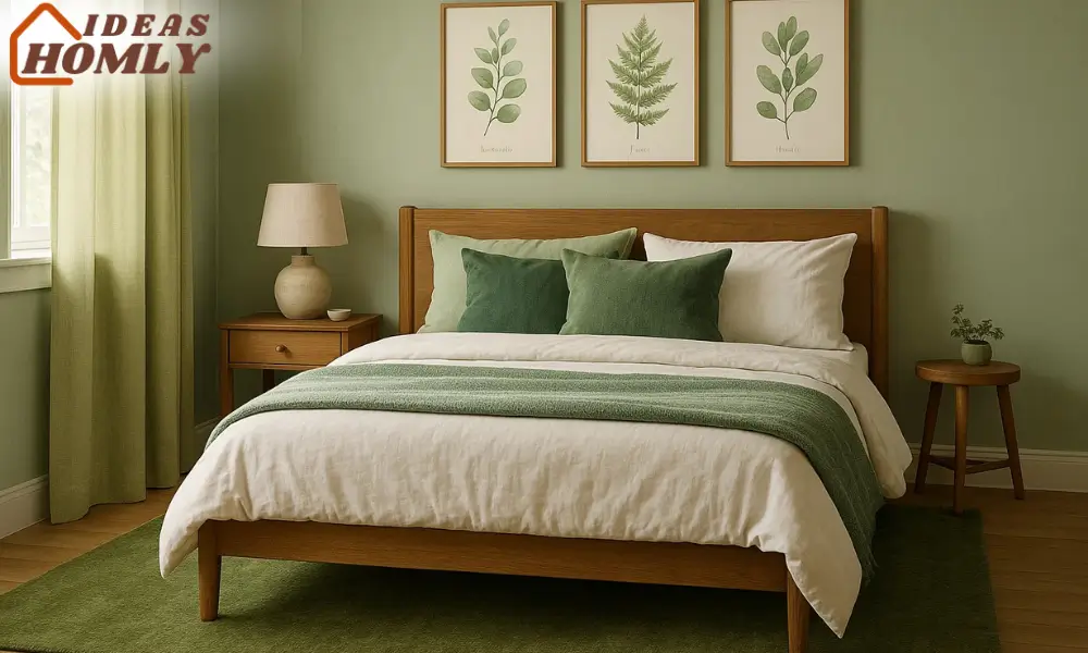 Layered Green Tones with Botanical Art and Cozy Accents
