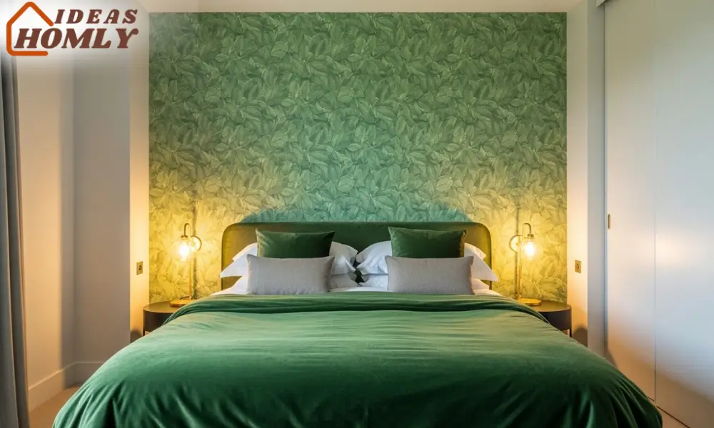 Leaf-Print Wallpaper and Velvet Bedding for Boutique Hotel Vibes