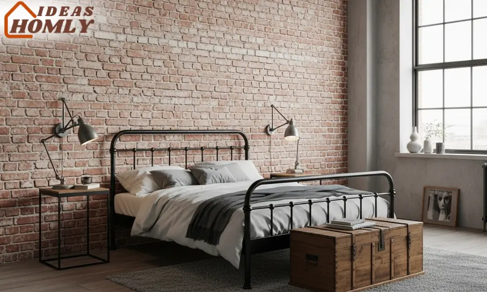 Loft Bedroom with Exposed Brick Wall and Sleek Metal Finishes