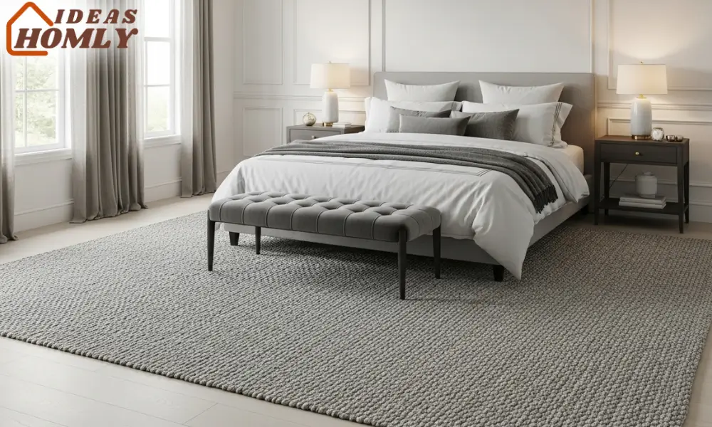 Luxury Bedroom with Full-Size Area Rug Under Bed for Balanced Look