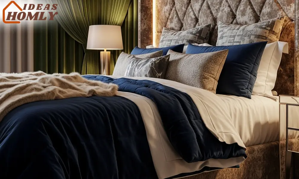 Luxury Layered Hollywood Regency Bed with Velvet and Silk Textures