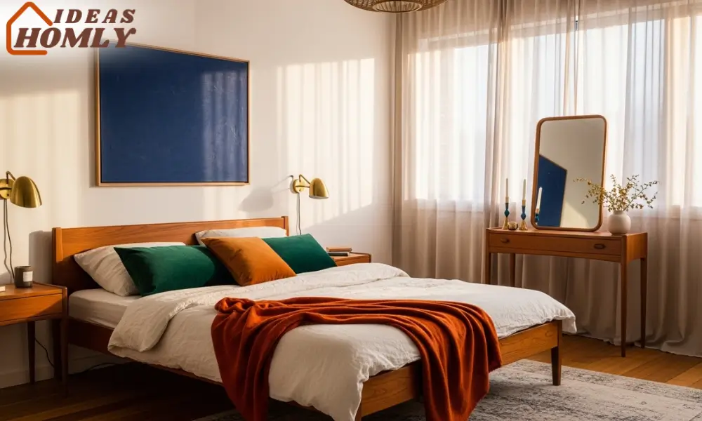 Mid-Century Bedroom with Rich Jewel-Tone Decor