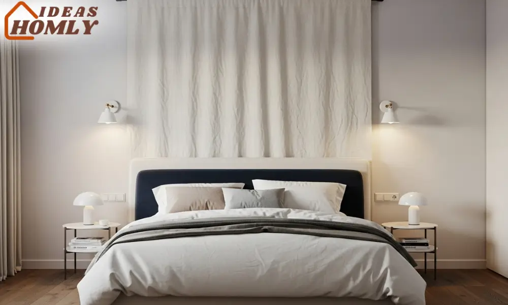 Minimalist Bedroom with Floor-to-Ceiling Draped Linen Behind Headboard