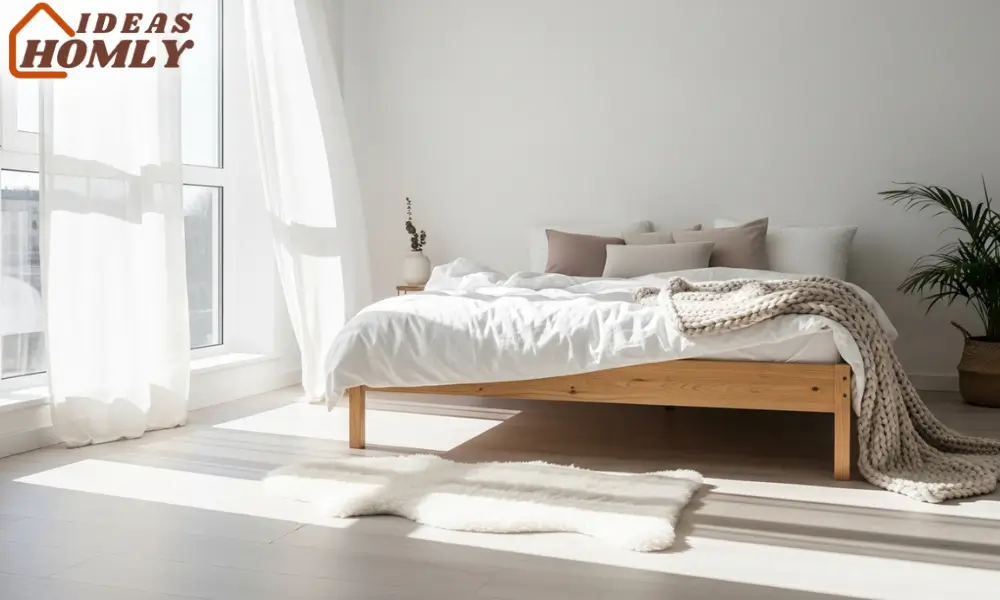 Minimalist Bedroom with Sheepskin Rug at Bed’s Foot for Cozy Texture
