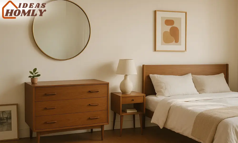 Minimalist Mid-Century Bedroom with Geometric Mirror Accent