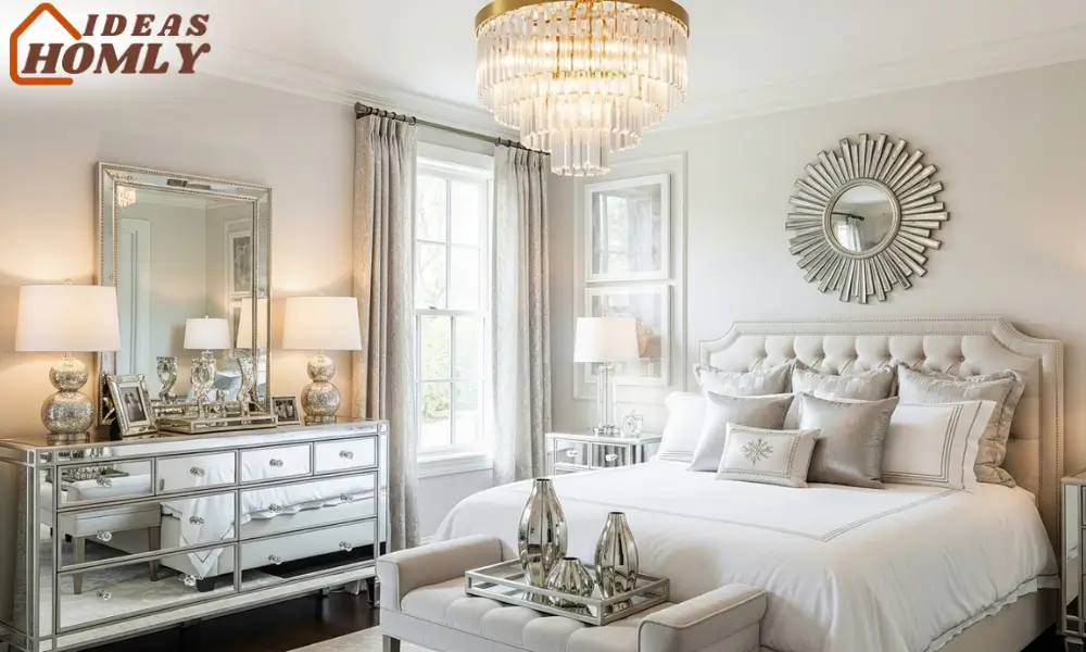 Mirrored Hollywood Regency Bedroom with Gold and Chrome Accents