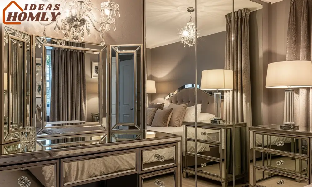Mirrored Nightstands and Crystal Chandelier in a Luxe Bedroom