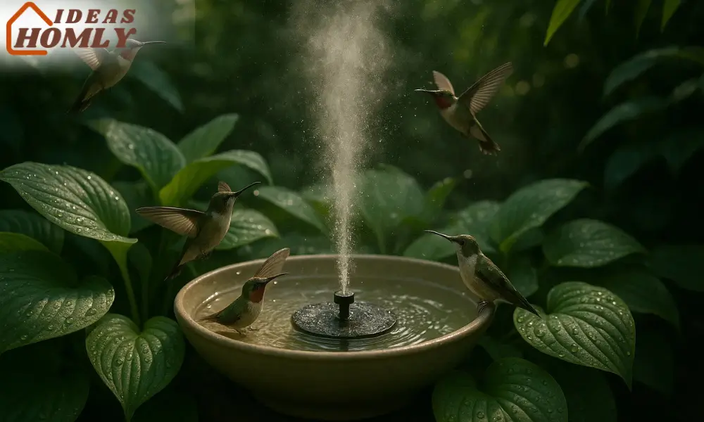 Misting Leaf Fountain with Hummingbirds in Lush Backyard