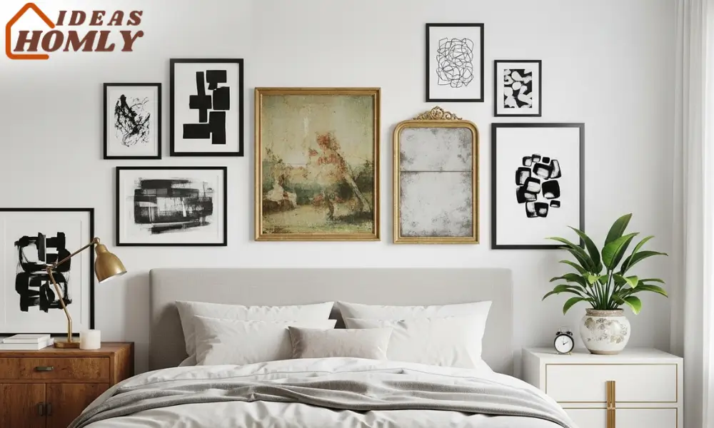 Mixed Wall Art Gallery Vintage Meets Modern in Bedroom Design