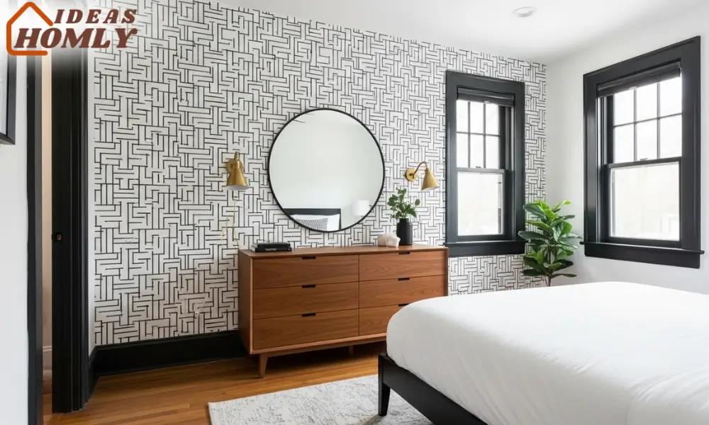 Modern Bedroom with Black Trim and Geometric Wallpaper Feature Wall