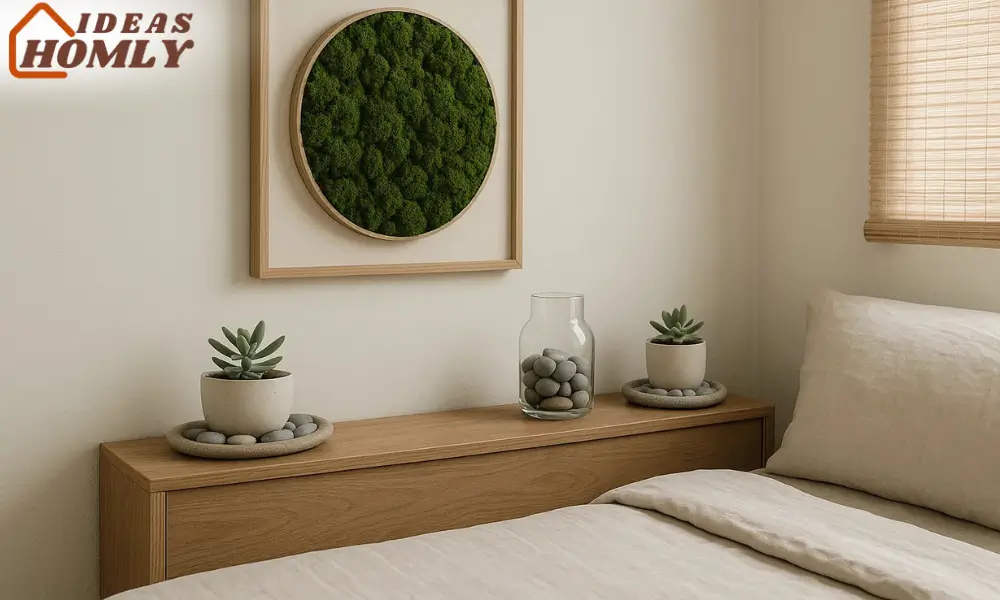 Modern Zen Bedroom with Moss Wall Art and Pebble Accents