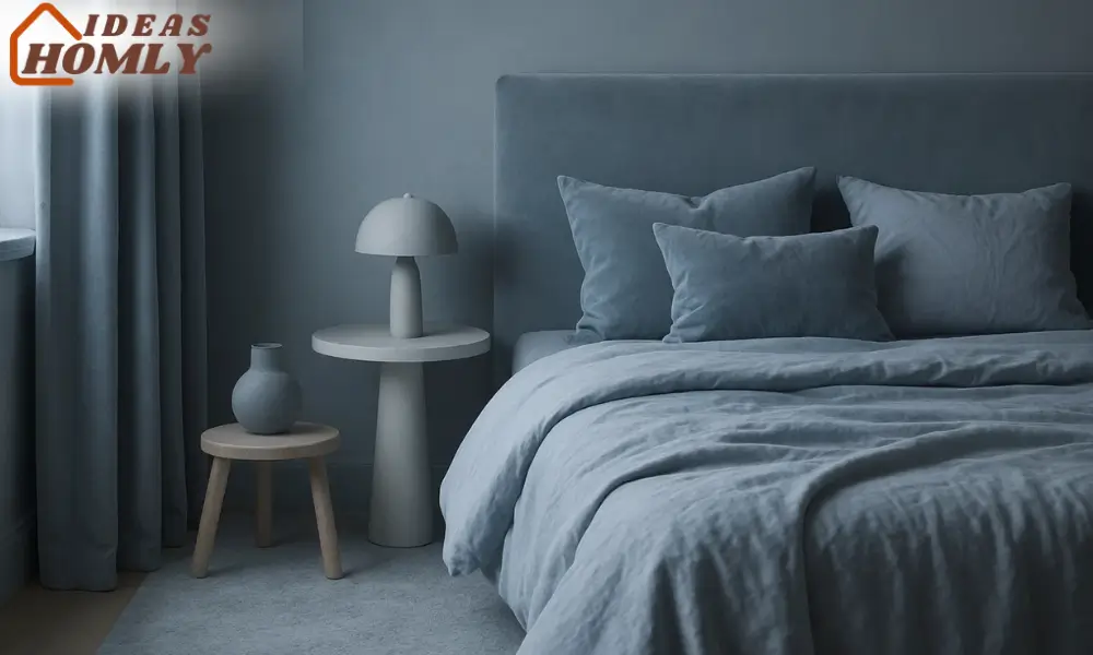 Monochrome Blue-Gray Pastel Bedroom with Layered Textures