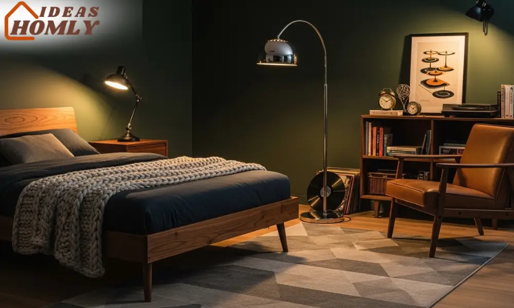 Moody Mid-Century Modern Bedroom with Walnut Accents and Retro Charm