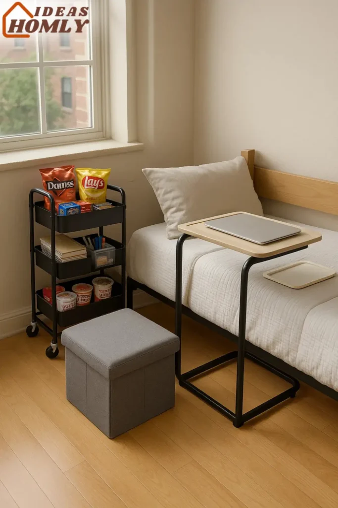 Multi-Functional Dorm Furniture Setup with Storage Ottoman and Rolling Cart