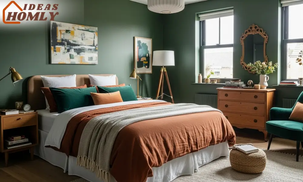 Muted Color Palette Eclectic Bedroom With Deep Green Accents