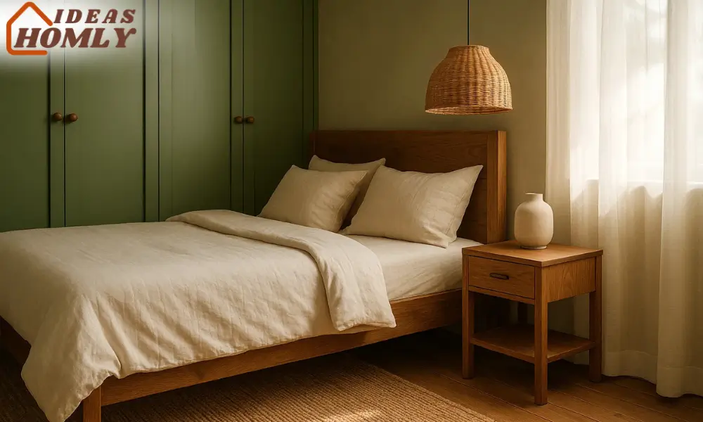 Olive Green and Natural Wood Bedroom for Earthy Warmth