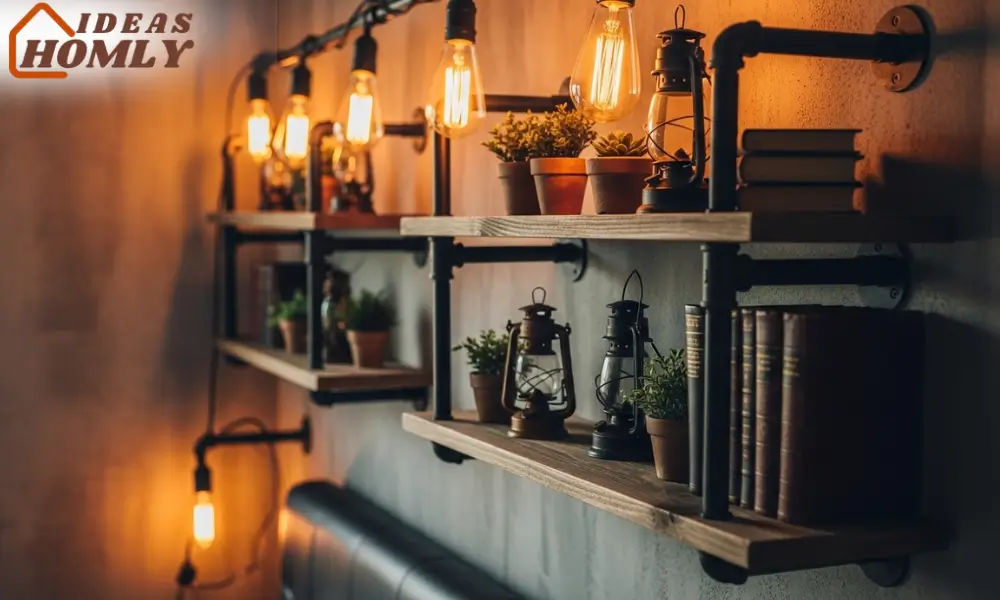 Open Pipe Shelving and Vintage Edison Bulbs in Industrial Bedroom