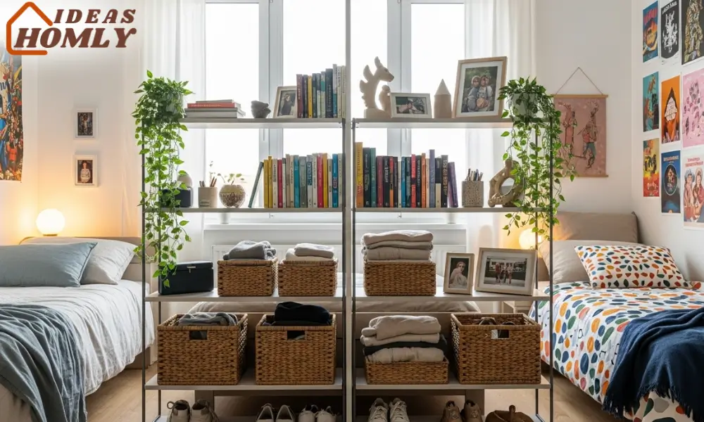 Open Shelving Divider for Stylish Privacy in Small Shared Bedrooms