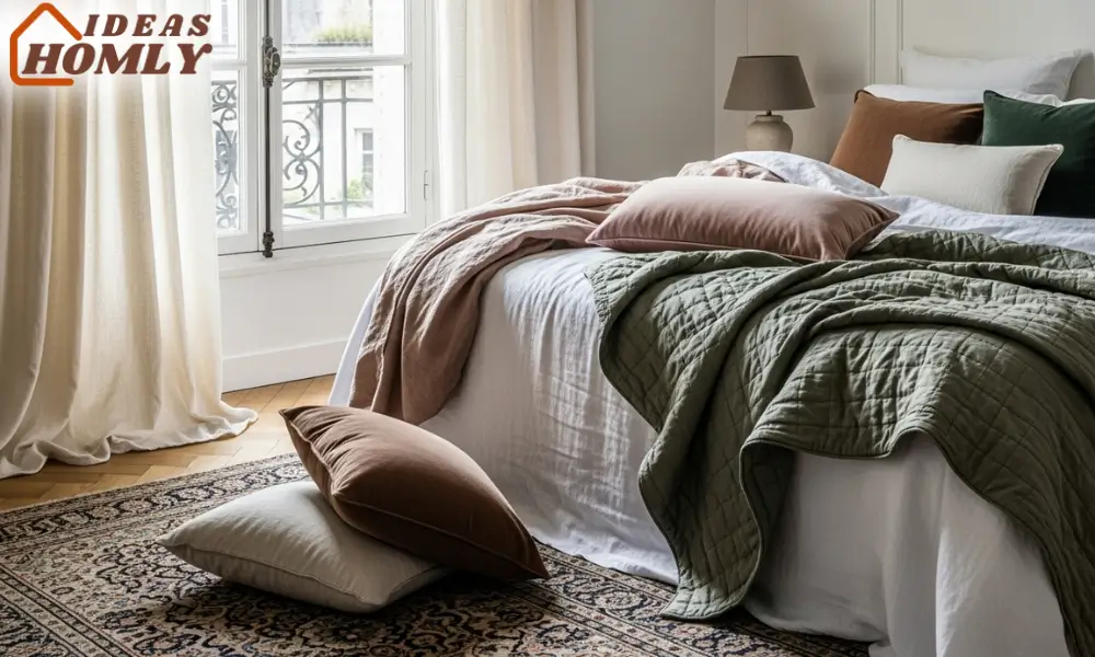 Parisian Bedroom with Layered Linen, Velvet, and Vintage Rugs