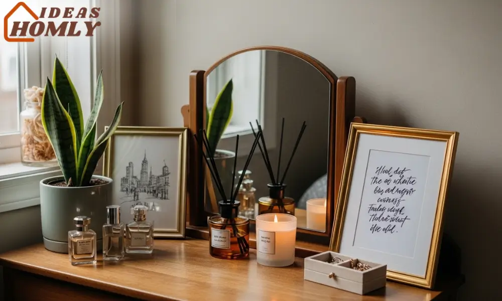 Personalized Vanity Setup with Art and Greenery