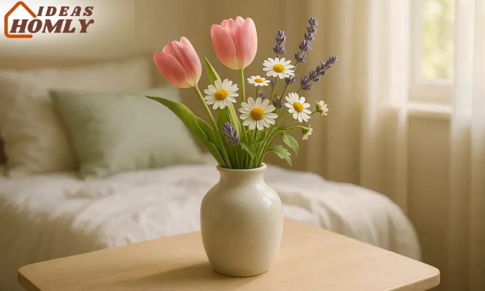 Realistic Spring Bedroom with Fresh Cut Flowers in Handmade Ceramic Vases