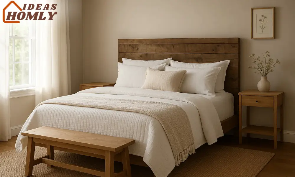 Reclaimed Wood and White Bedding in Cozy Modern Farmhouse Bedroom