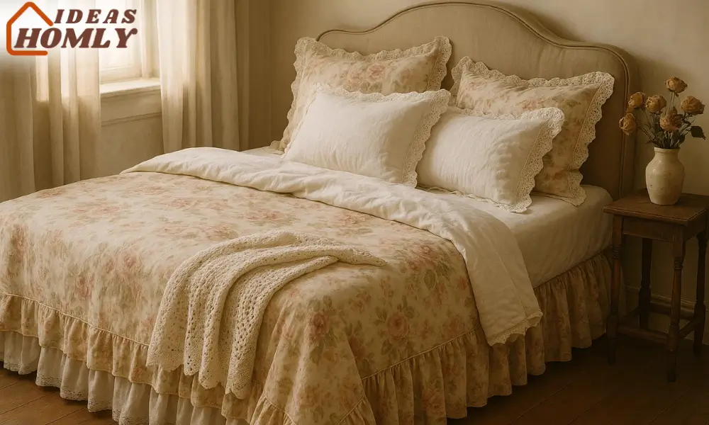 Romantic Vintage Bedroom with Floral Linens and Lace Details