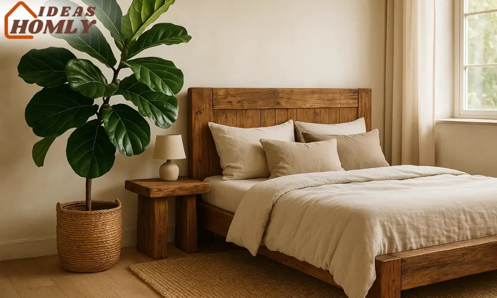 Rustic Bedroom with Fiddle Leaf Fig and Reclaimed Wood Furniture
