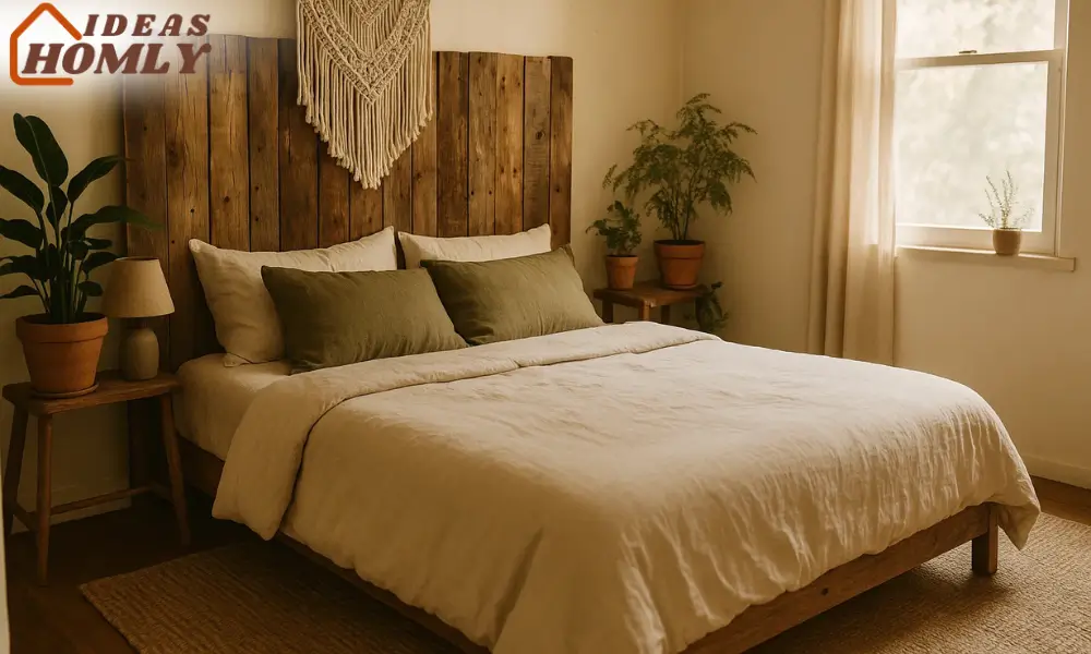 Rustic Bedroom with Vertical Reclaimed Wood Slat Headboard