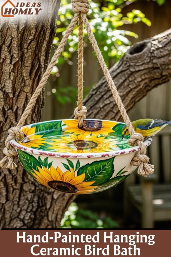 Rustic Hanging Bird Bath with Hand-Painted Sunflower Design