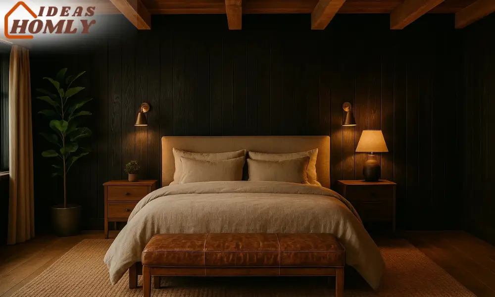 Rustic Luxe Bedroom with Black Woodgrain Shiplap Wall