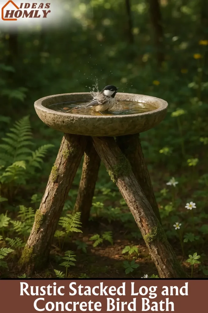 Rustic Stacked Log and Concrete Bird Bath Nestled in Forest Garden