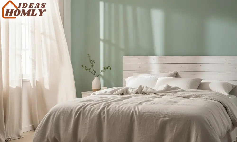 Sage Green Accent Wall with Light Linen Bedding for a Cozy Calm