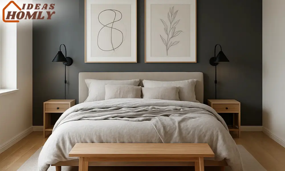 Scandinavian Bedroom with Charcoal Accent Wall and Minimalist Artwork
