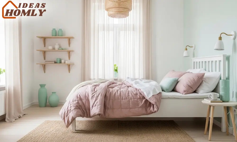 Scandinavian Pastel Bedroom with Mint Green and Blush Accents