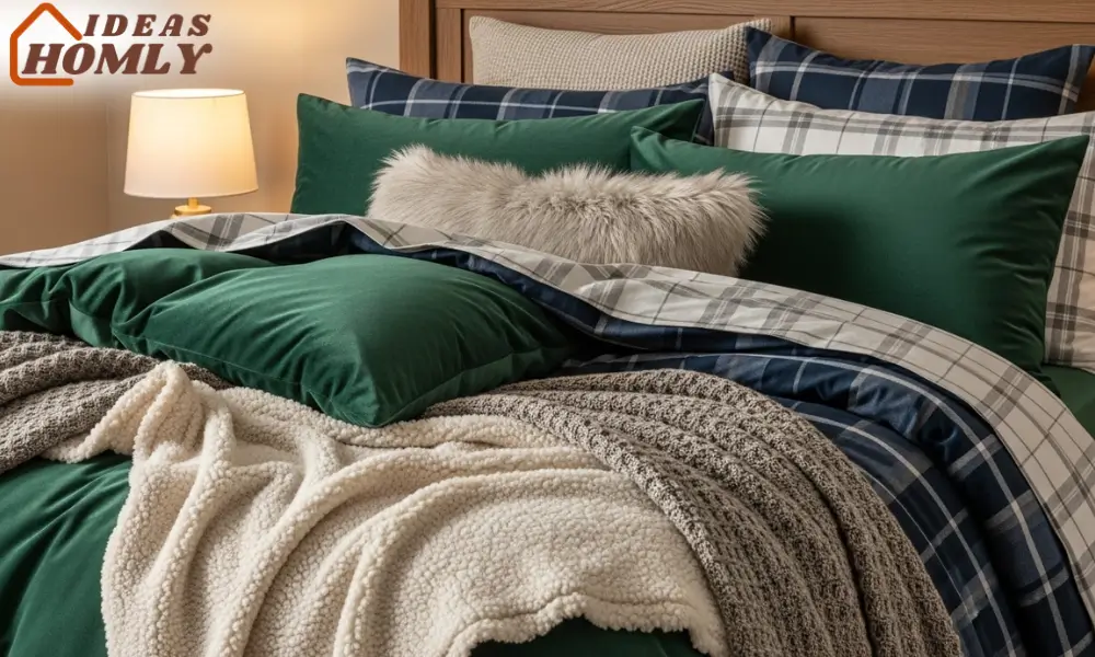 Sherpa and Velvet Winter Bedding Layers in a Small Cozy Bedroom