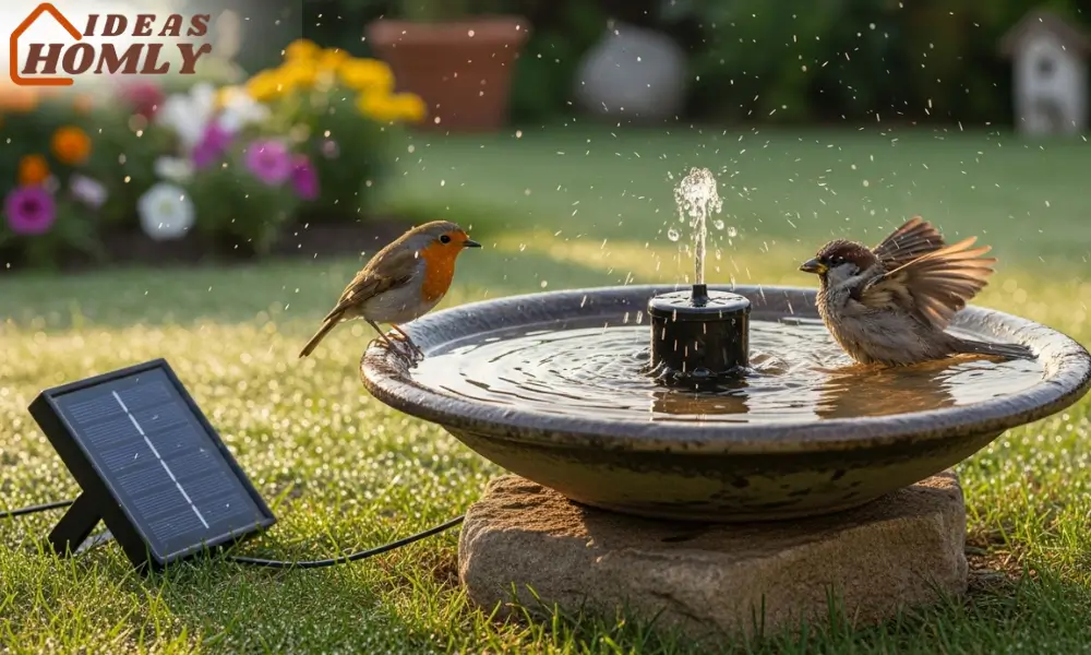 Simple Ceramic Solar Bird Bath with Bubbling Fountain in Morning Sun