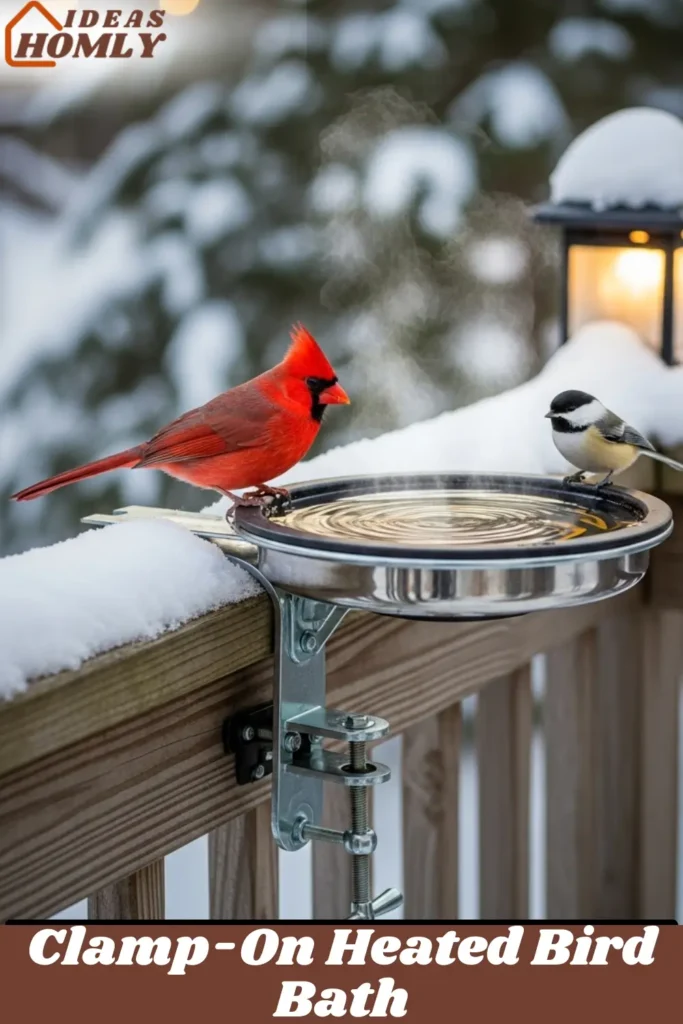 Smart Clamp-On Heated Bird Bath on Snowy Deck Railing