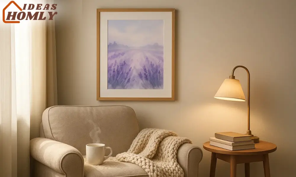 Soft Watercolor Poster Above Cozy Reading Nook